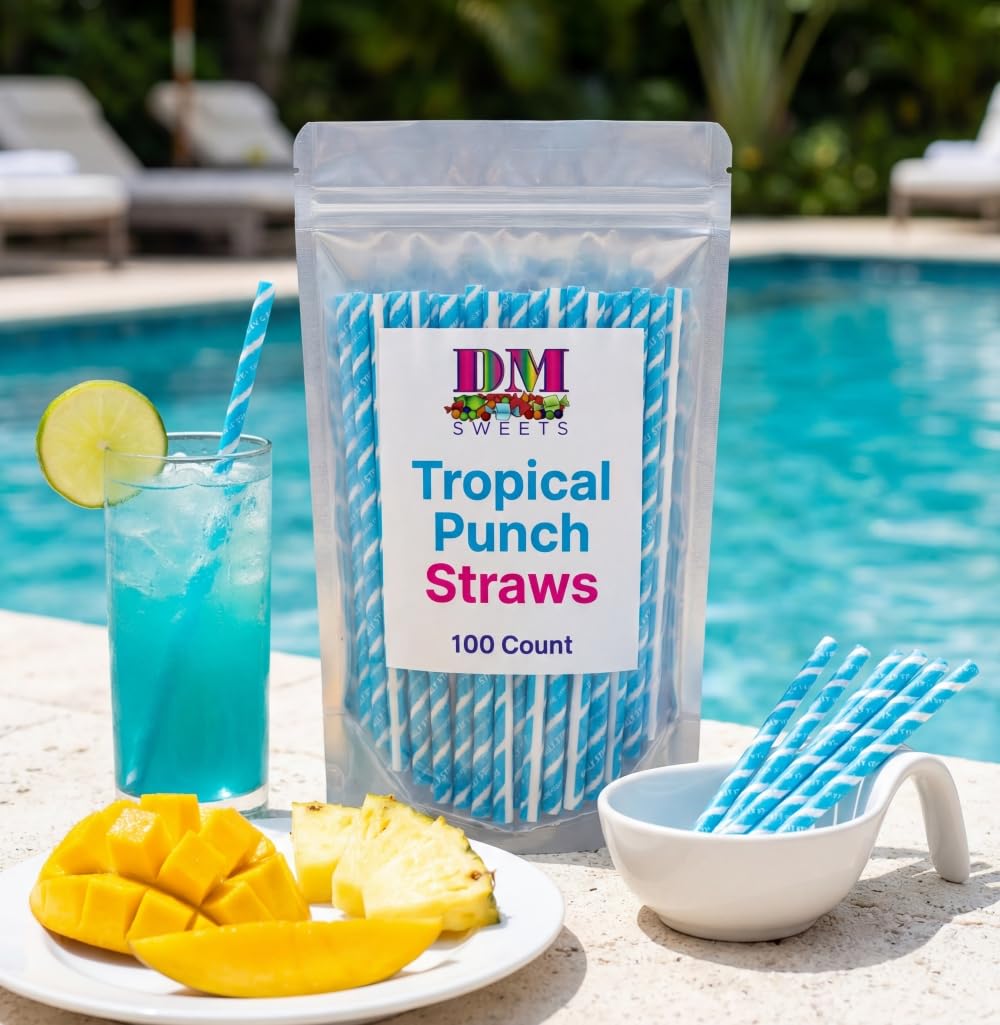 DM Sweets party candy buffet setup features blue sour straws
