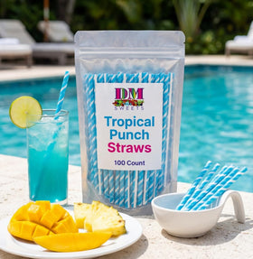DM Sweets party candy buffet setup features blue sour straws
