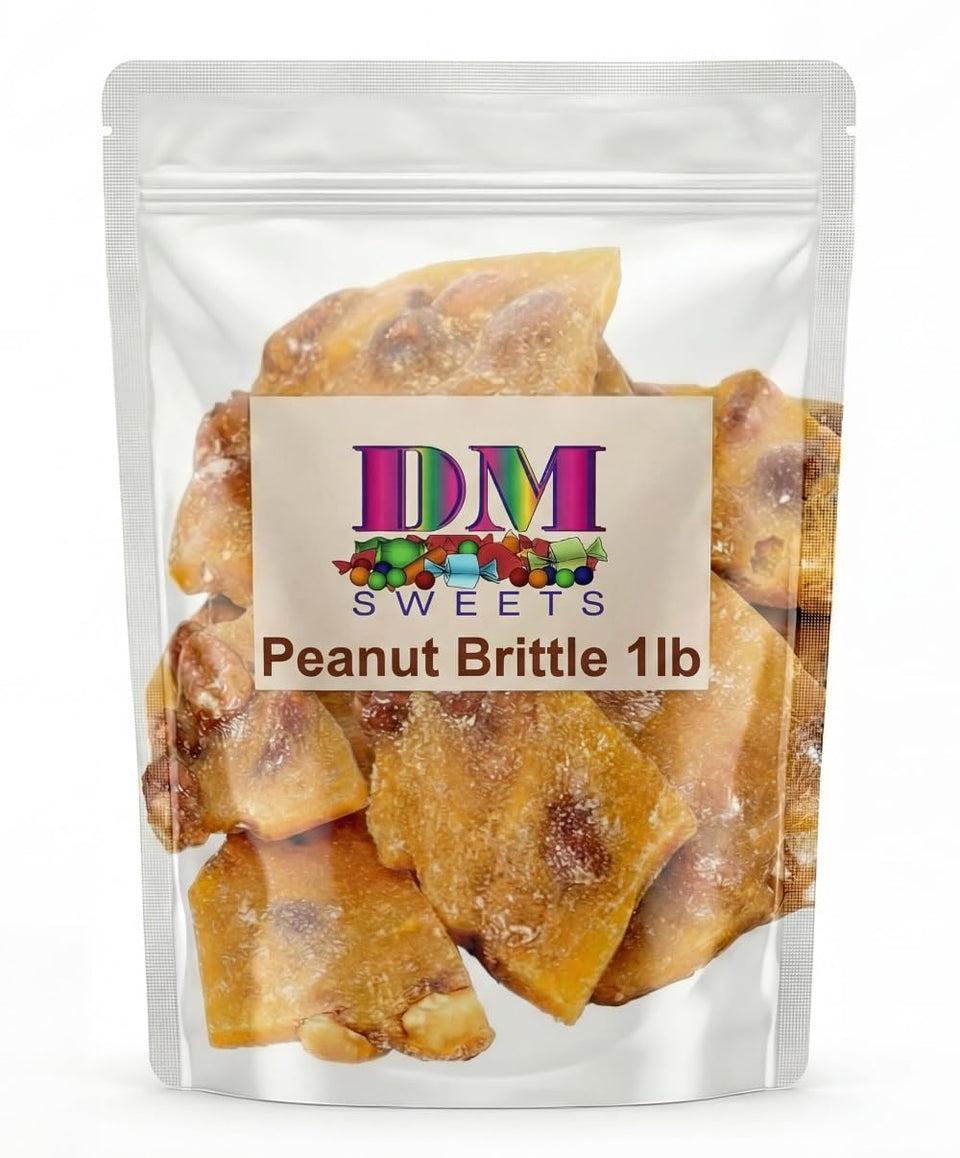 DM Sweets Peanut Brittle 1lb bag with roasted peanuts, ideal for gifting.