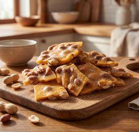 DM Sweets Peanut Brittle crisp slices highlight golden caramel and nutty crunch for dessert boards.
