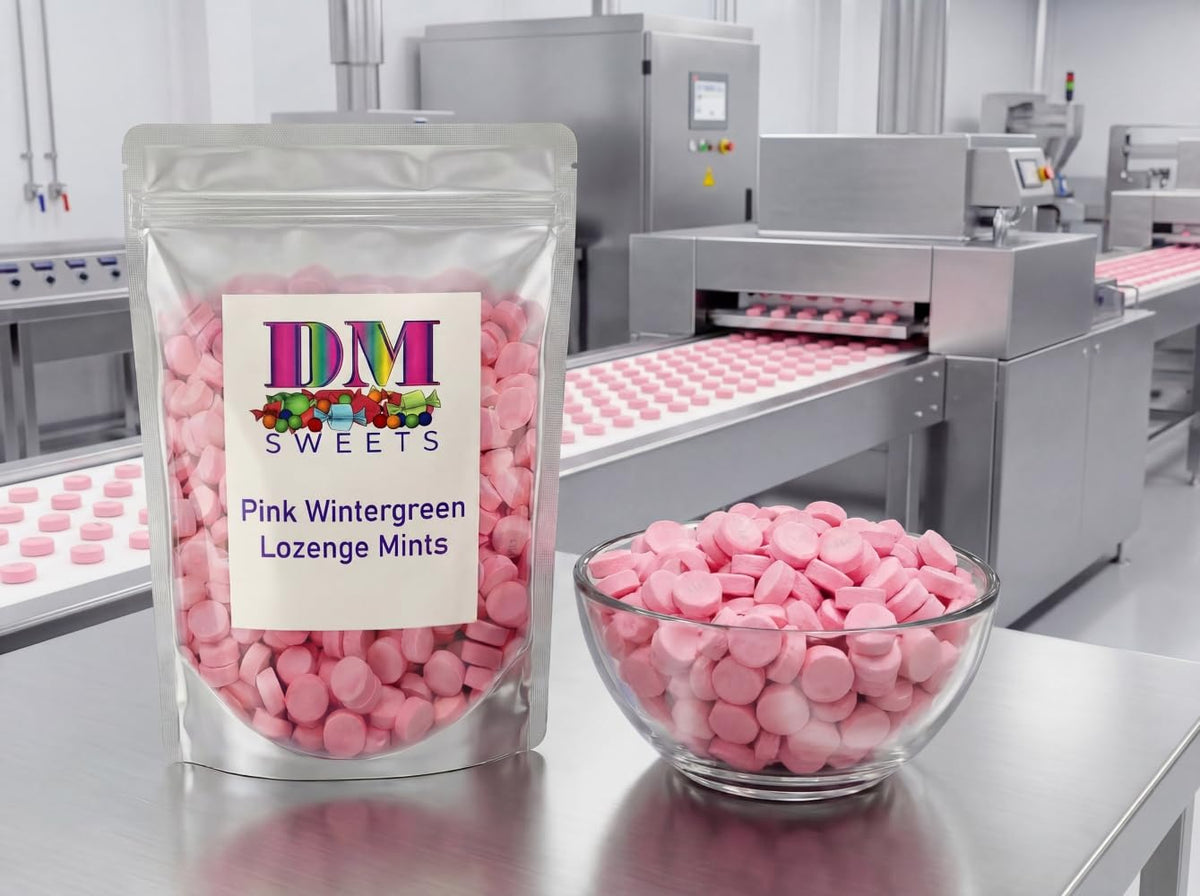 DM Sweets Pink Wintergreen Mints soft creamy lozenges in resealable bag