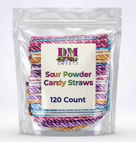 DM Sweets Sour Powder Candy Straws 120-count bulk pack for easy party distribution.