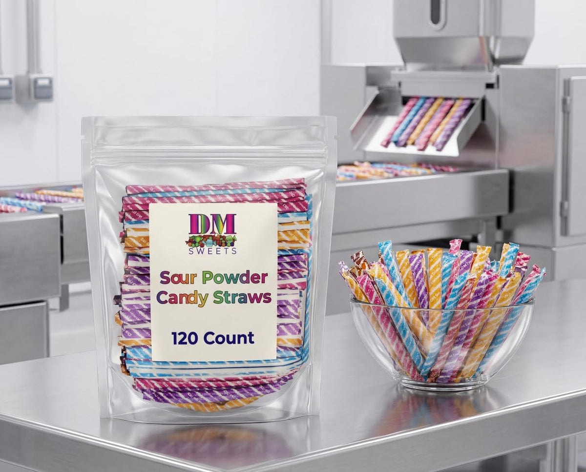 DM Sweets sour powder-filled straw close-up highlighting tangy flavor coating.