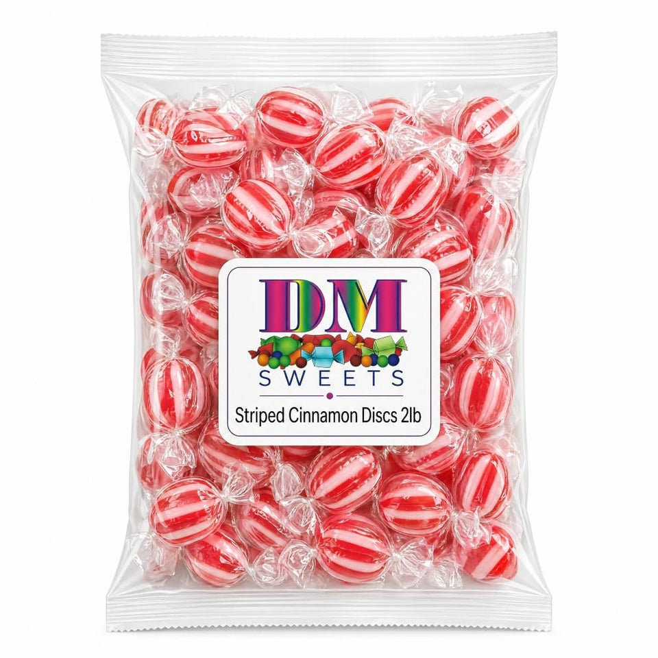 DM Sweets striped cinnamon discs bulk 2lb bag, ideal for party bowls.