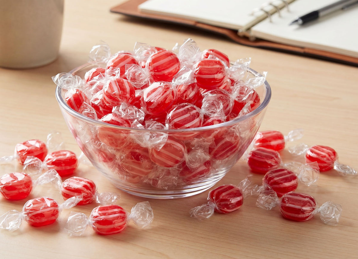 DM Sweets striped cinnamon discs on a candy buffet display, eye-catching red-and-white pattern.