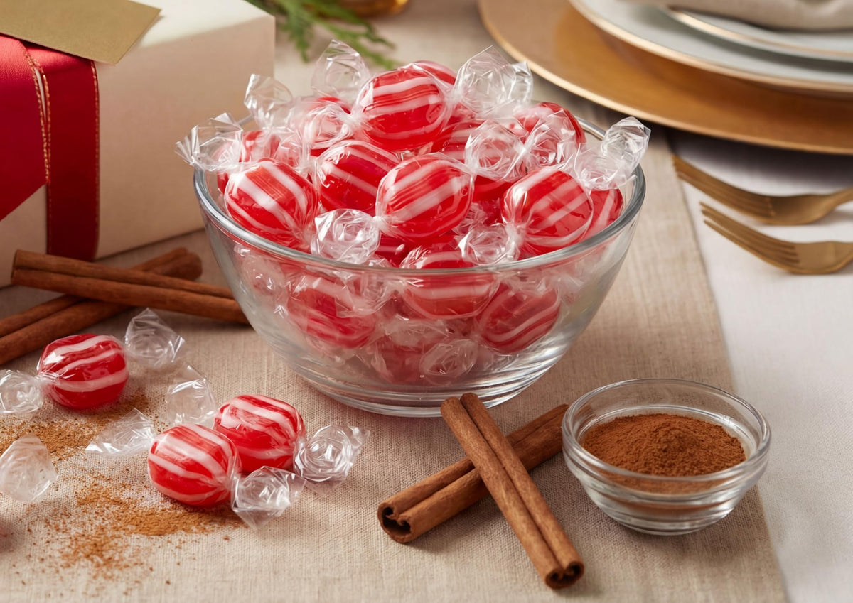 DM Sweets striped cinnamon discs individually wrapped, perfect for gift jars and vending.