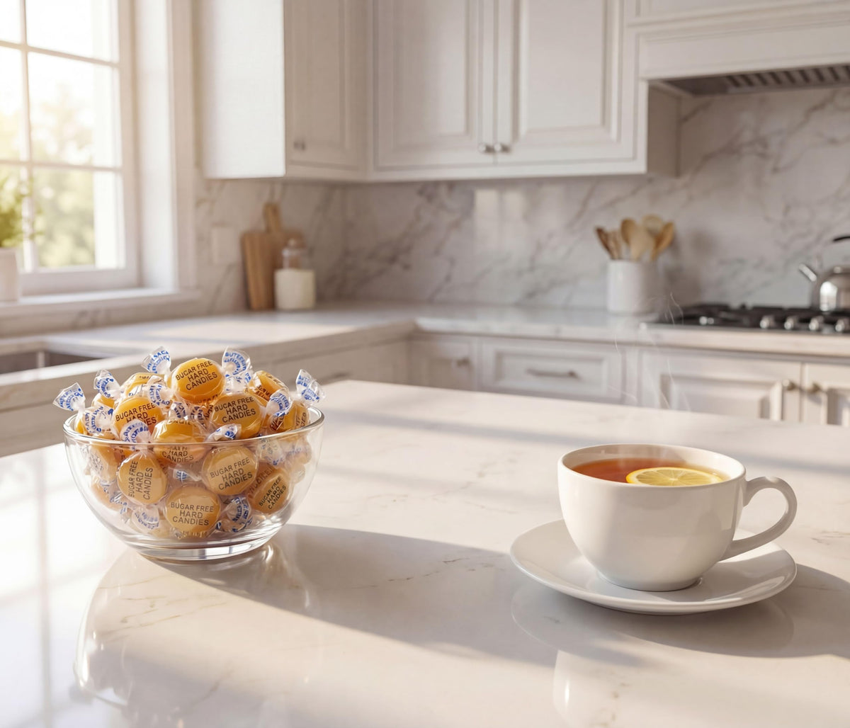 DM Sweets sugarfree butterscotch discs bulk bag displays convenient 1 lb supply.