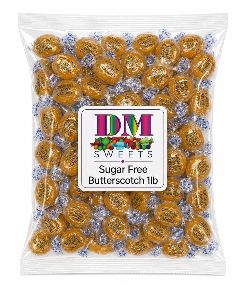 DM Sweets sugarfree butterscotch discs in bag, ready for sharing.