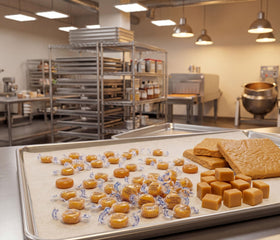 DM Sweets sugarfree butterscotch discs golden color evokes classic candy.