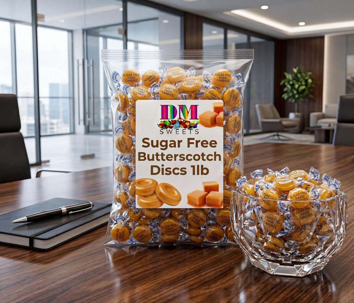 DM Sweets sugarfree butterscotch discs packaging closeup highlights premium quality.