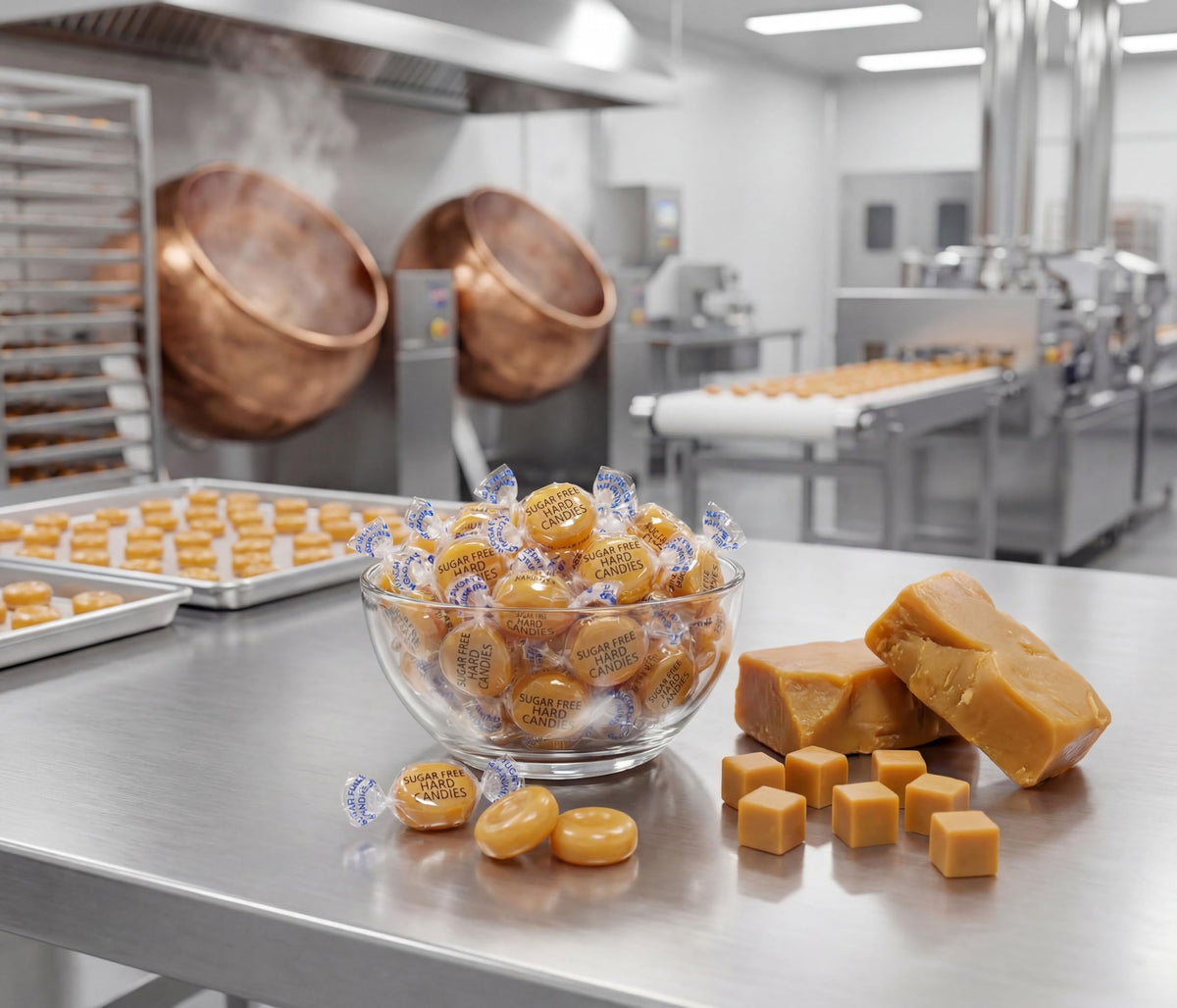 DM Sweets sugarfree butterscotch discs individually wrapped for freshness.