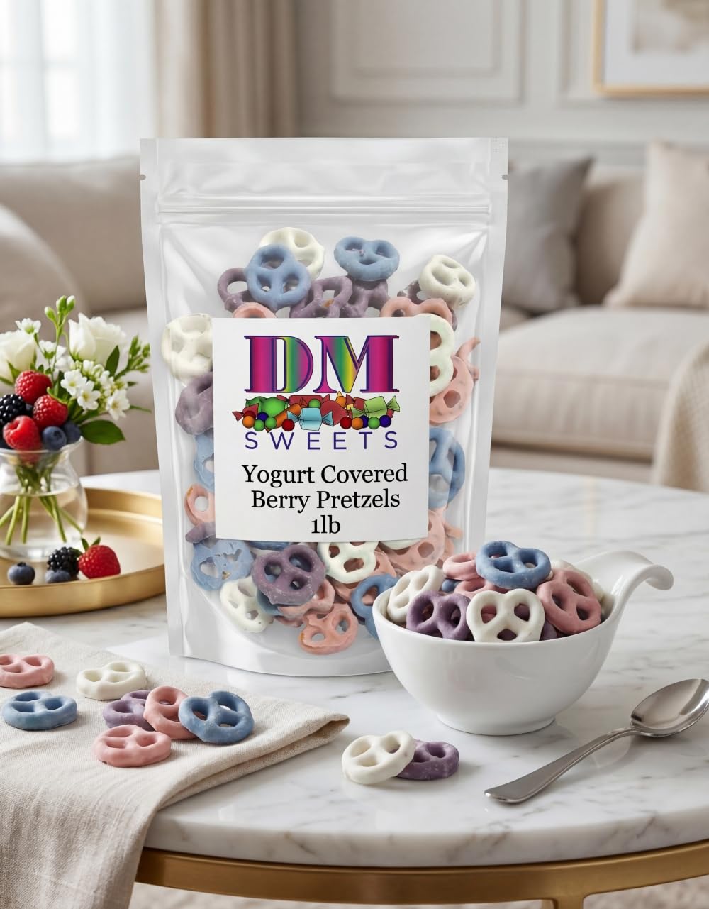 DM Sweets Yogurt Covered Pretzels raspberry flavor provide a tangy sweet bite for dessert toppings