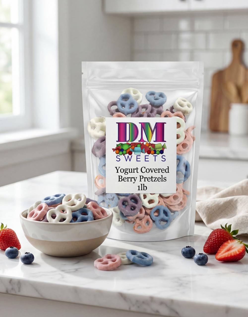 DM Sweets Yogurt Covered Pretzels strawberry flavor deliver colorful crunch for party bowls