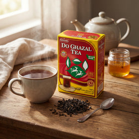 Do Ghazal poured tea in a cup looks rich and inviting.
