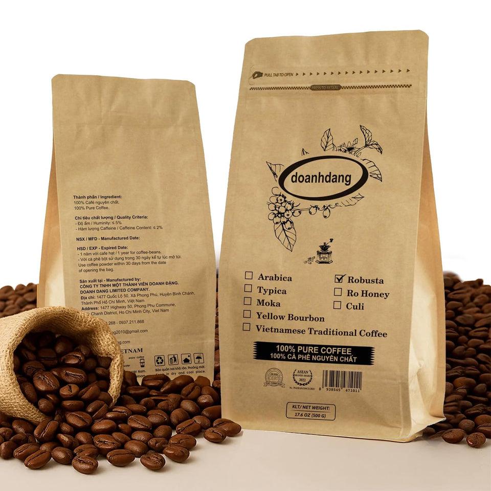 Doanhdang Robusta whole bean coffee bag highlighting premium freshness