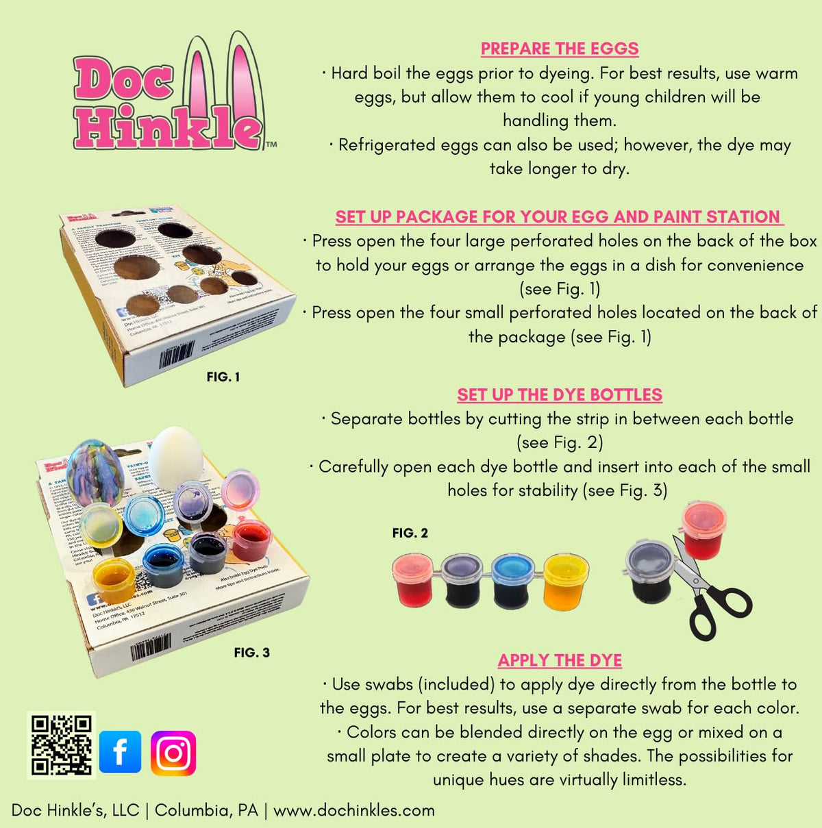 Doc Hinkle Paint-On Dye kit showing four colors and swabs for easy patterns.