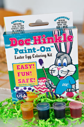 Doc Hinkle Paint-On Dye bottle front with four bright colors for quick Easter egg decorating.
