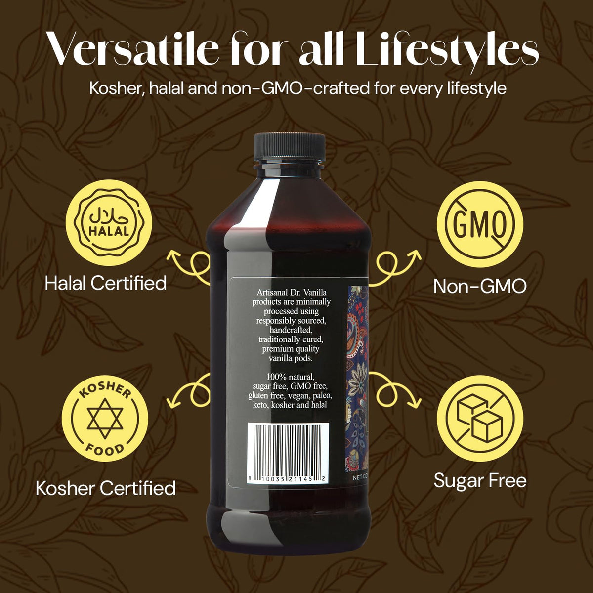 Close-up of Doctor Vanilla Artisanal vanilla beans and bottle for Madagascar Bourbon flavor
