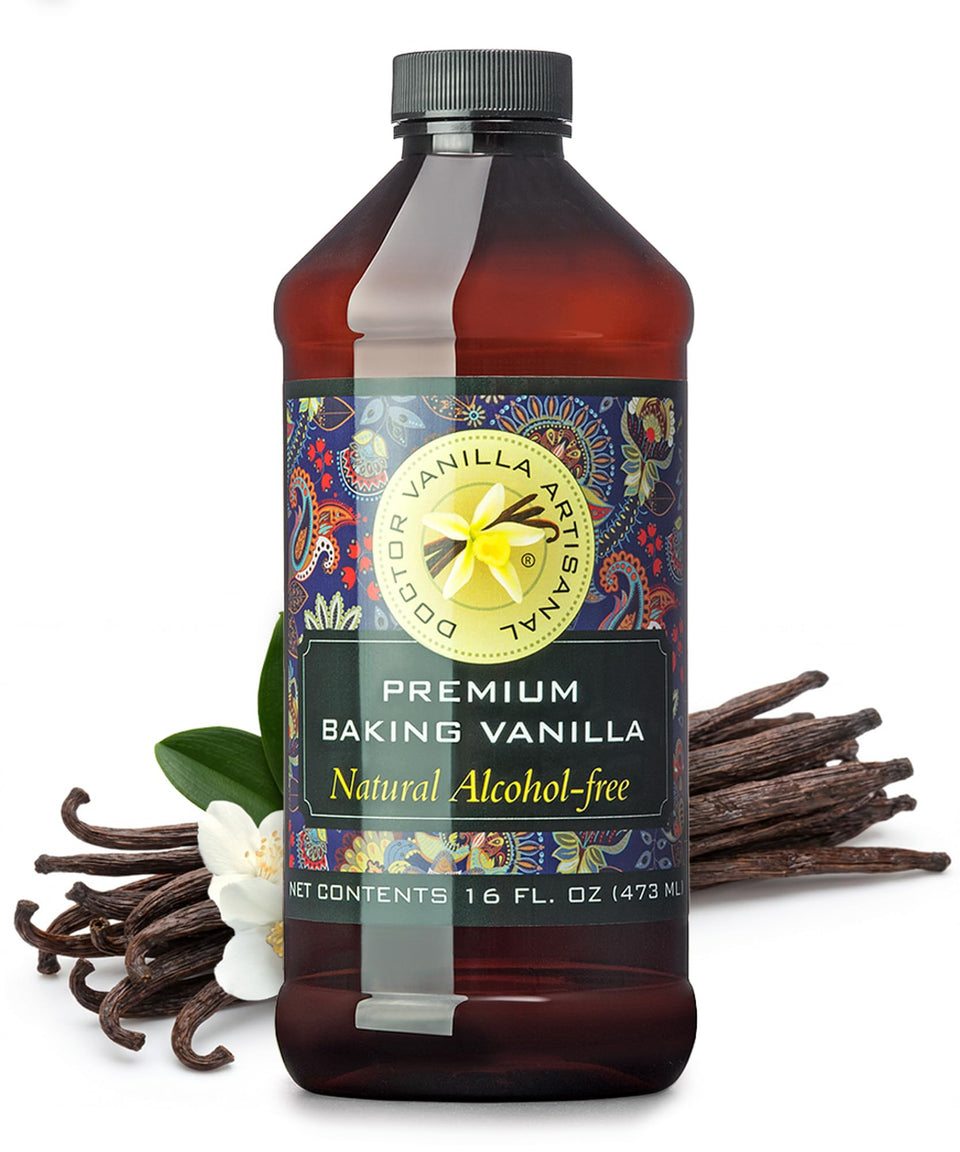 DOCTOR VANILLA ARTISANAL premium baking vanilla bottle pour showcases heat-stable flavor during baking.
