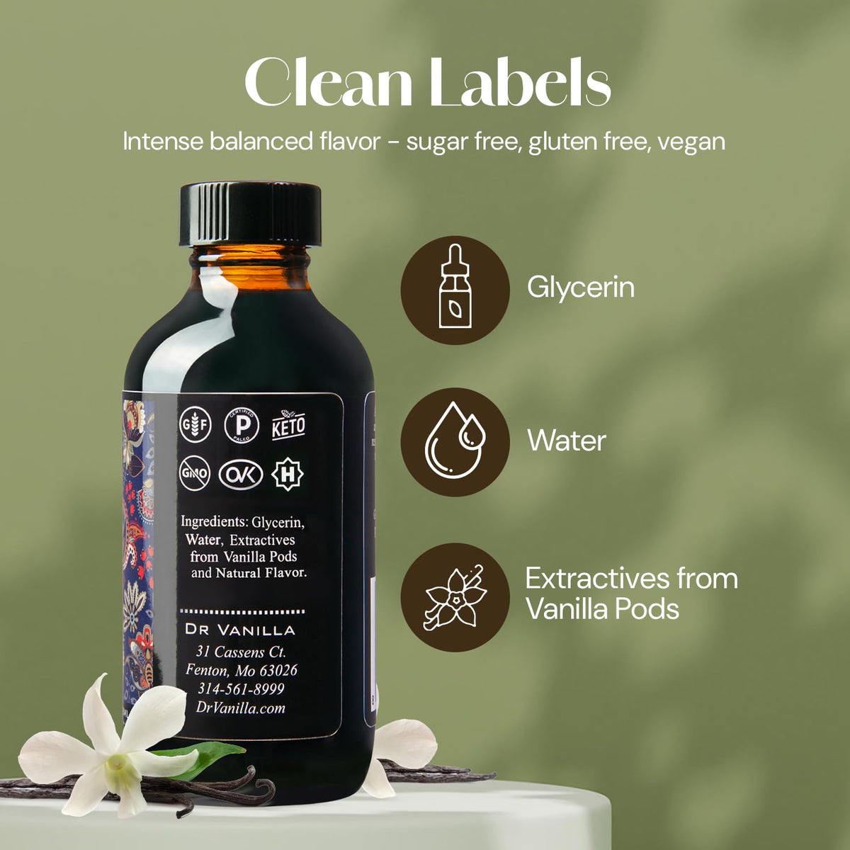Dropper tip releasing vanilla flavor into coffee and cold drinks