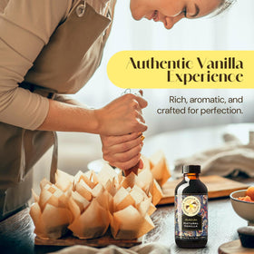 Ingredient panel highlights natural, sugar-free, GMO-free attributes of the vanilla