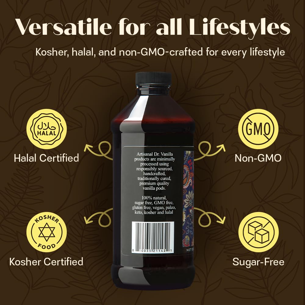 Doctor Vanilla Artisanal vanilla label highlights pure ingredients and allergen-friendly, sugar-free profile.