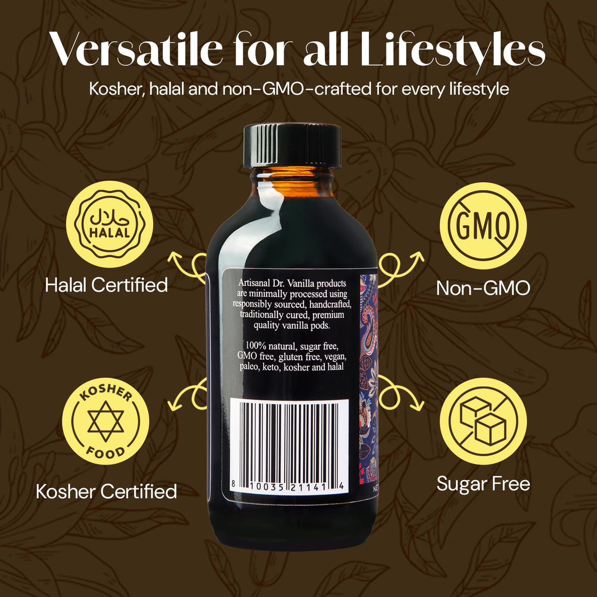 Pour shot shows alcohol-free vanilla liquid ideal for desserts and beverages