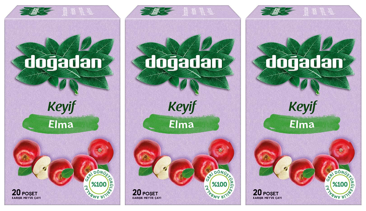 Dogadan Apple Tea pack display with three boxes of 20 bags each, ideal for daily refreshment.