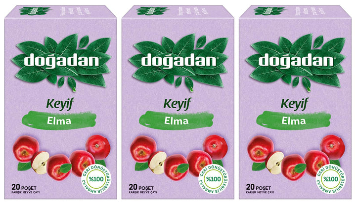 Dogadan Apple Tea pack display with three boxes of 20 bags each, ideal for daily refreshment.