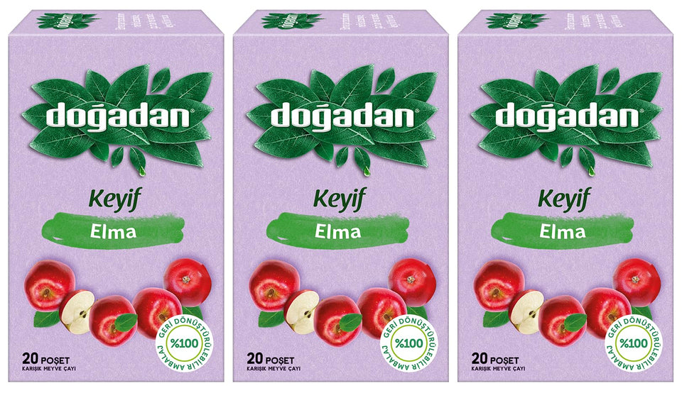 Dogadan Apple Tea pack display with three boxes of 20 bags each, ideal for daily refreshment.