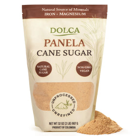 Dolca Panela granulated jar shown, ideal for everyday baking and beverages.