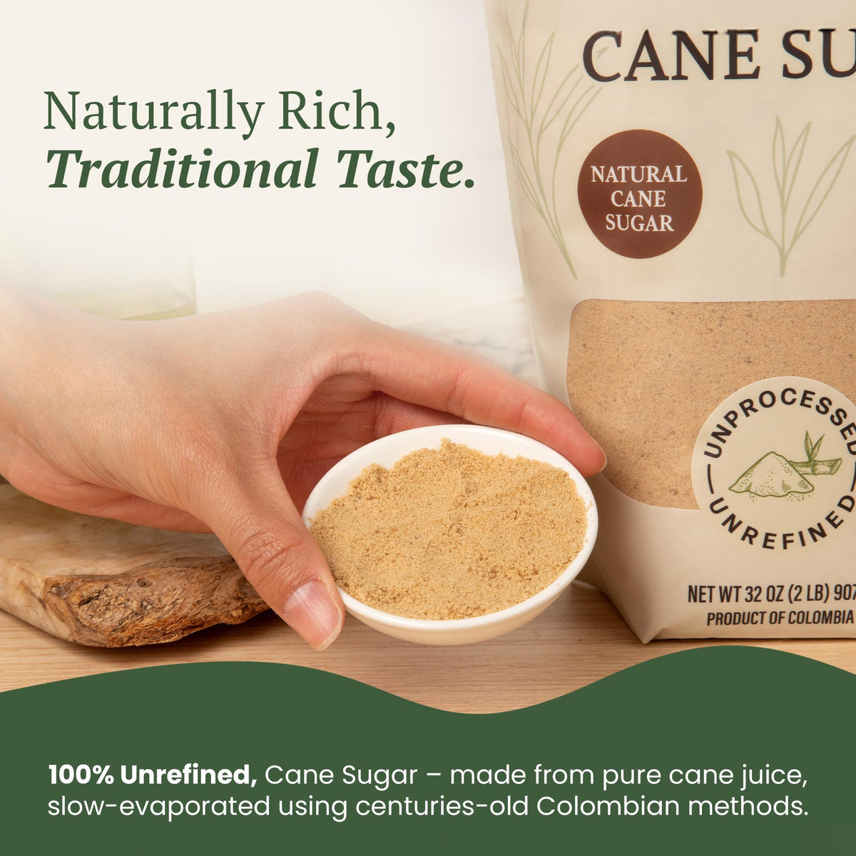 Close-up of Dolca Panela package, single-ingredient sugar with no additives.