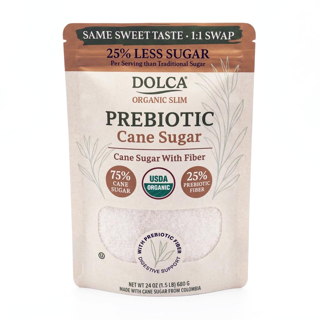 Dolca Slim bottle label showcases organic cane sugar with prebiotic fiber for daily sweetness.
