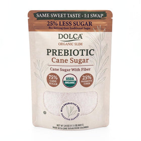 Dolca Slim bottle label showcases organic cane sugar with prebiotic fiber for daily sweetness.