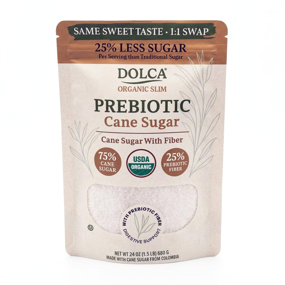Dolca Slim bottle label showcases organic cane sugar with prebiotic fiber for daily sweetness.