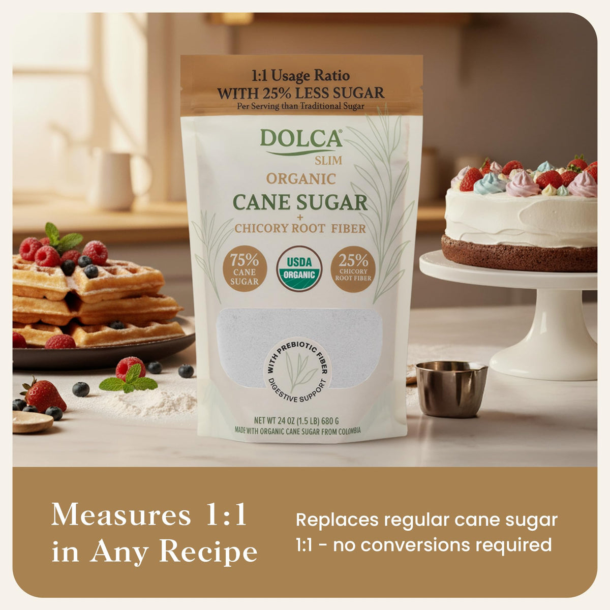 Dolca Slim nutrition label highlights 25% fiber per serving.