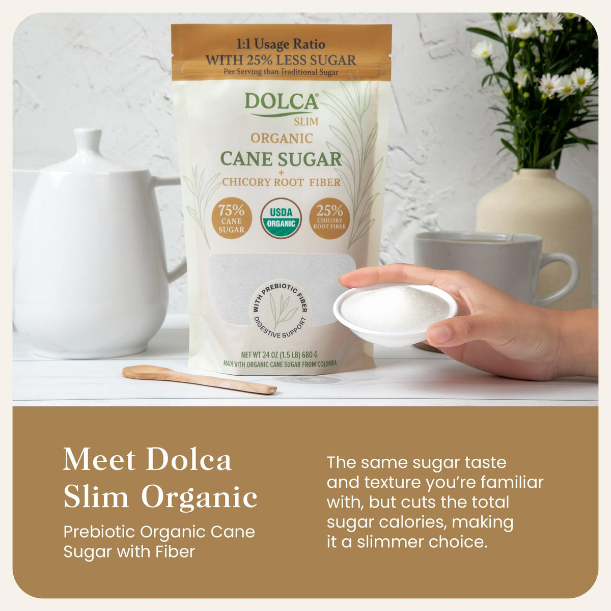 Dolca Slim scoop demonstrates 1:1 sugar replacement for coffee and baking.
