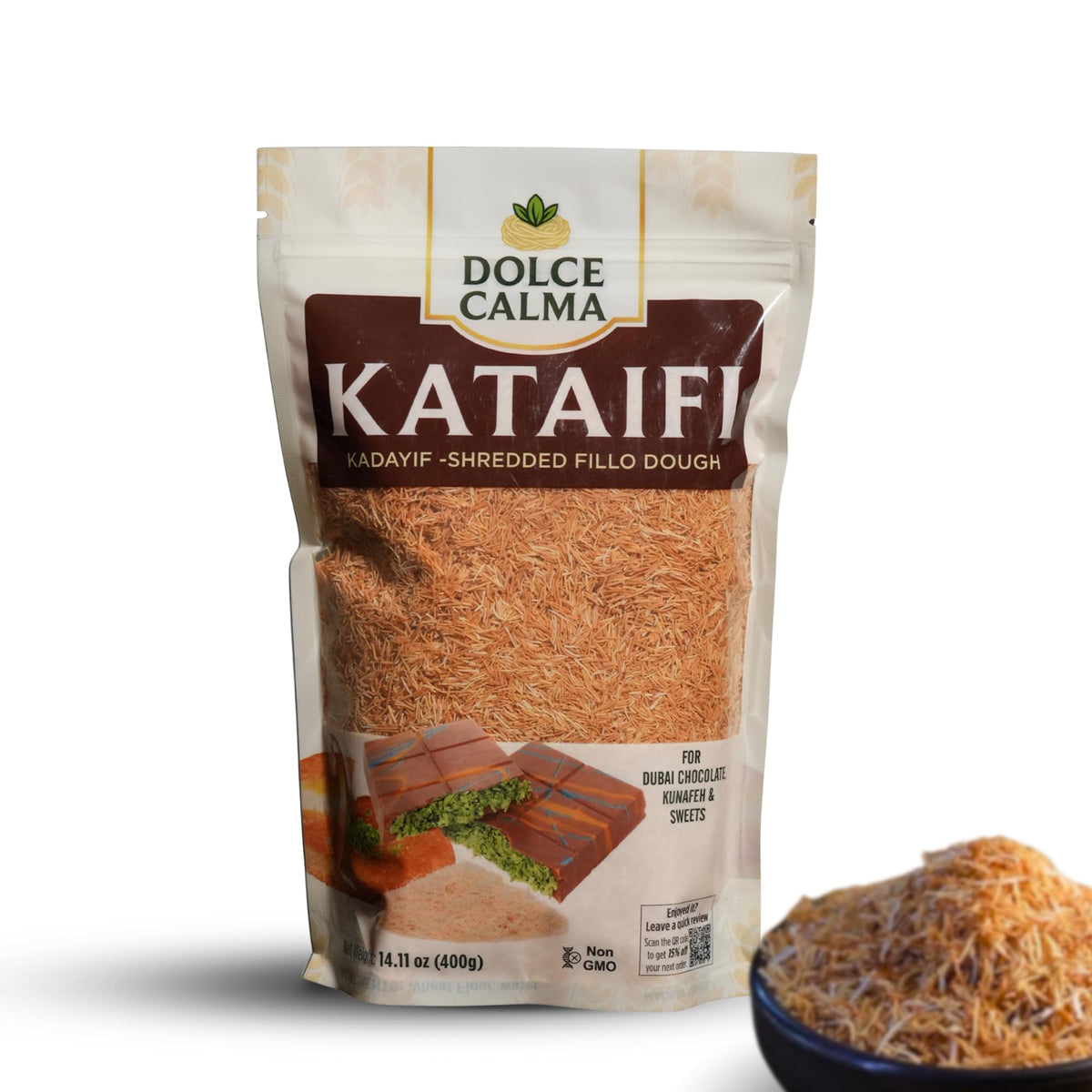 Dolce Calma Roasted Kataifi bag with resealable design for fresh storage.