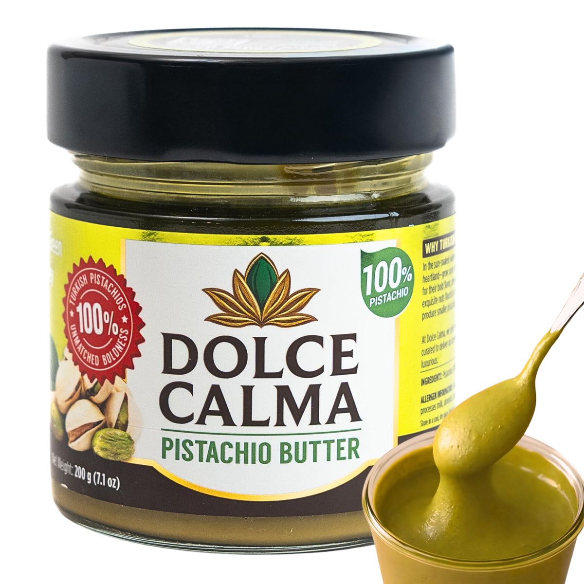 Dolce Calma pistachio butter jar displaying pure Turkish pistachio flavor for everyday use