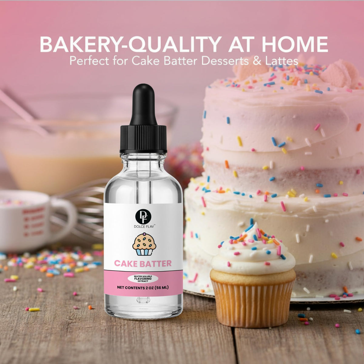 Dolce Flav American-made cake batter extract emphasizing quality and versatile uses.