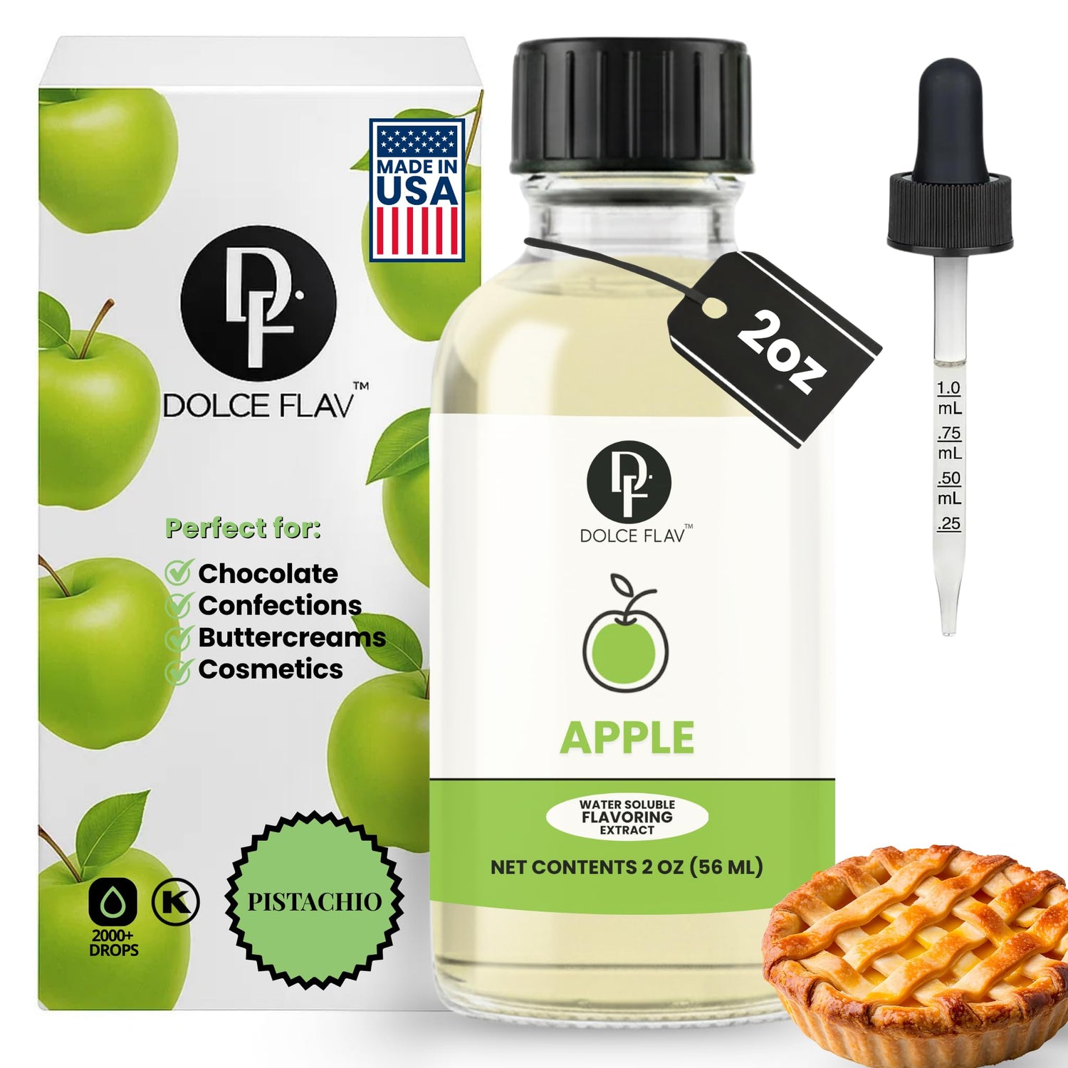 Dolce Flav Apple Extract bottle on counter for rich baking flavor