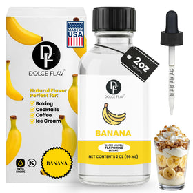 Dolce Flav Banana Extract bottle pouring to deliver bold bakery-ready banana flavor.