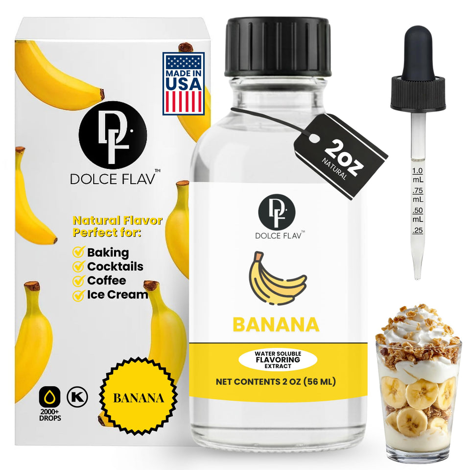 Dolce Flav Banana Extract bottle pouring to deliver bold bakery-ready banana flavor.