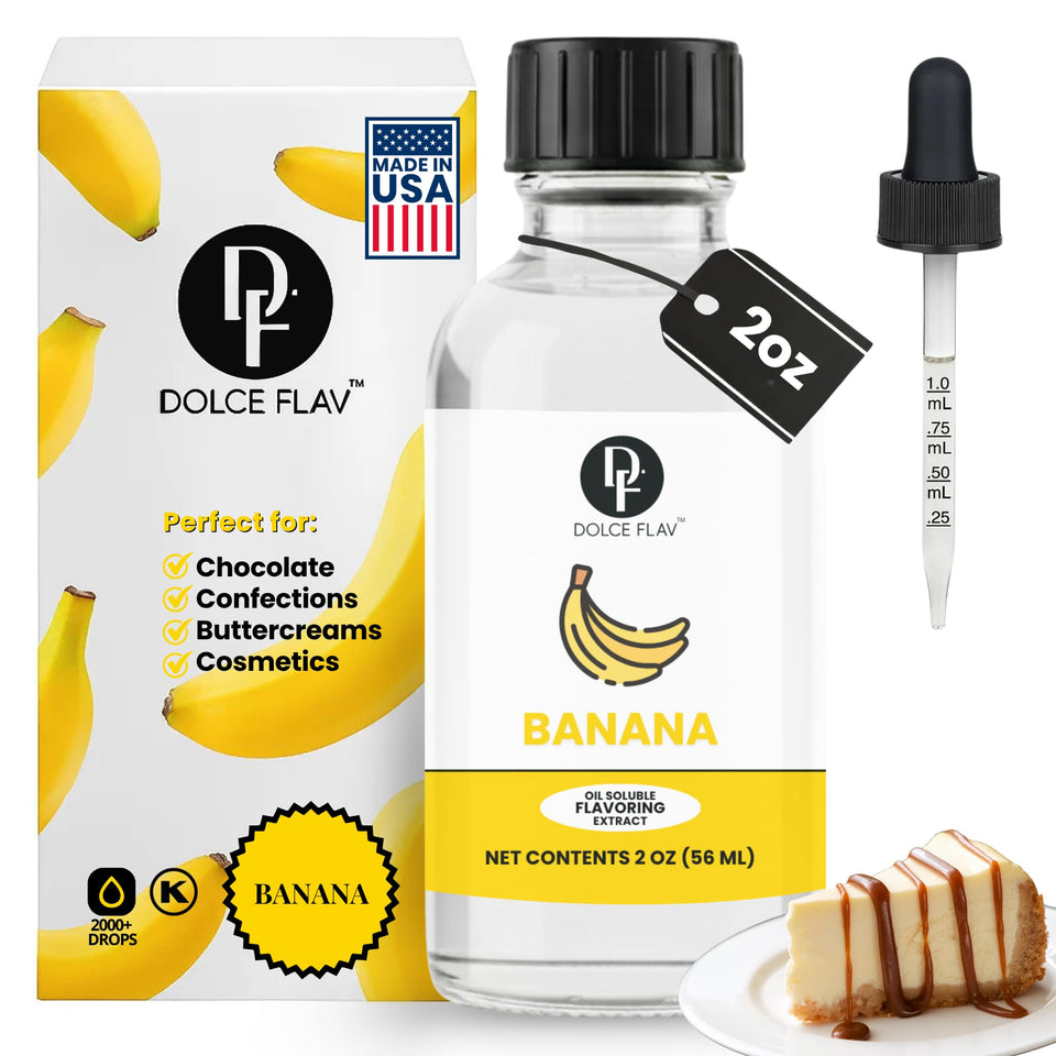Dolce Flav banana extract bottle for baking flavor enhancement.