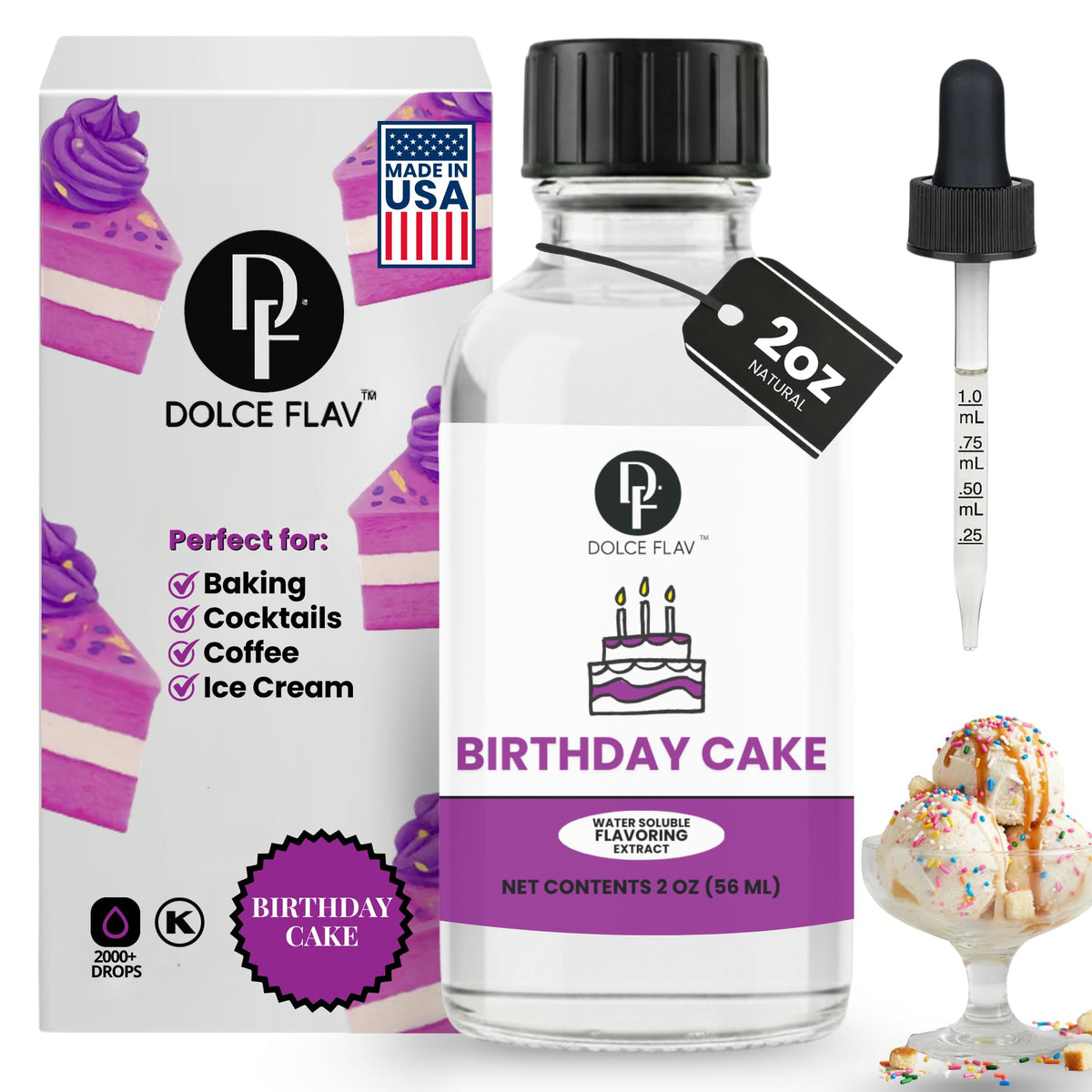 Dolce Flav Birthday Cake Extract bottle adds versatile cake flavor to frostings.