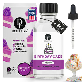 Dolce Flav Birthday Cake Extract bottle adds versatile cake flavor to frostings.