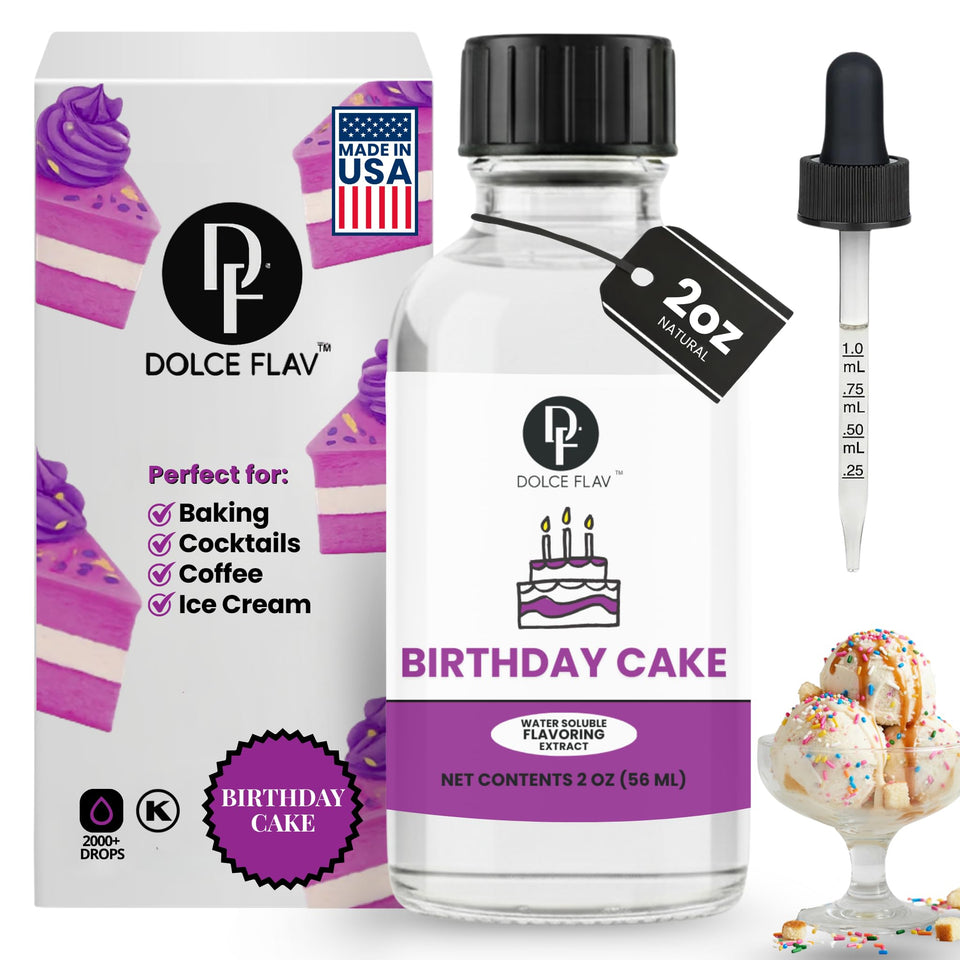 Dolce Flav Birthday Cake Extract bottle adds versatile cake flavor to frostings.