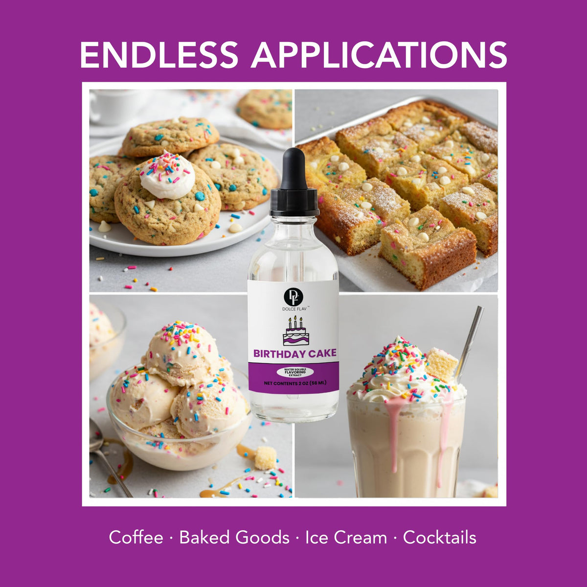 Dolce Flav Birthday Cake Extract cupcake flavoring for moist, festive treats.