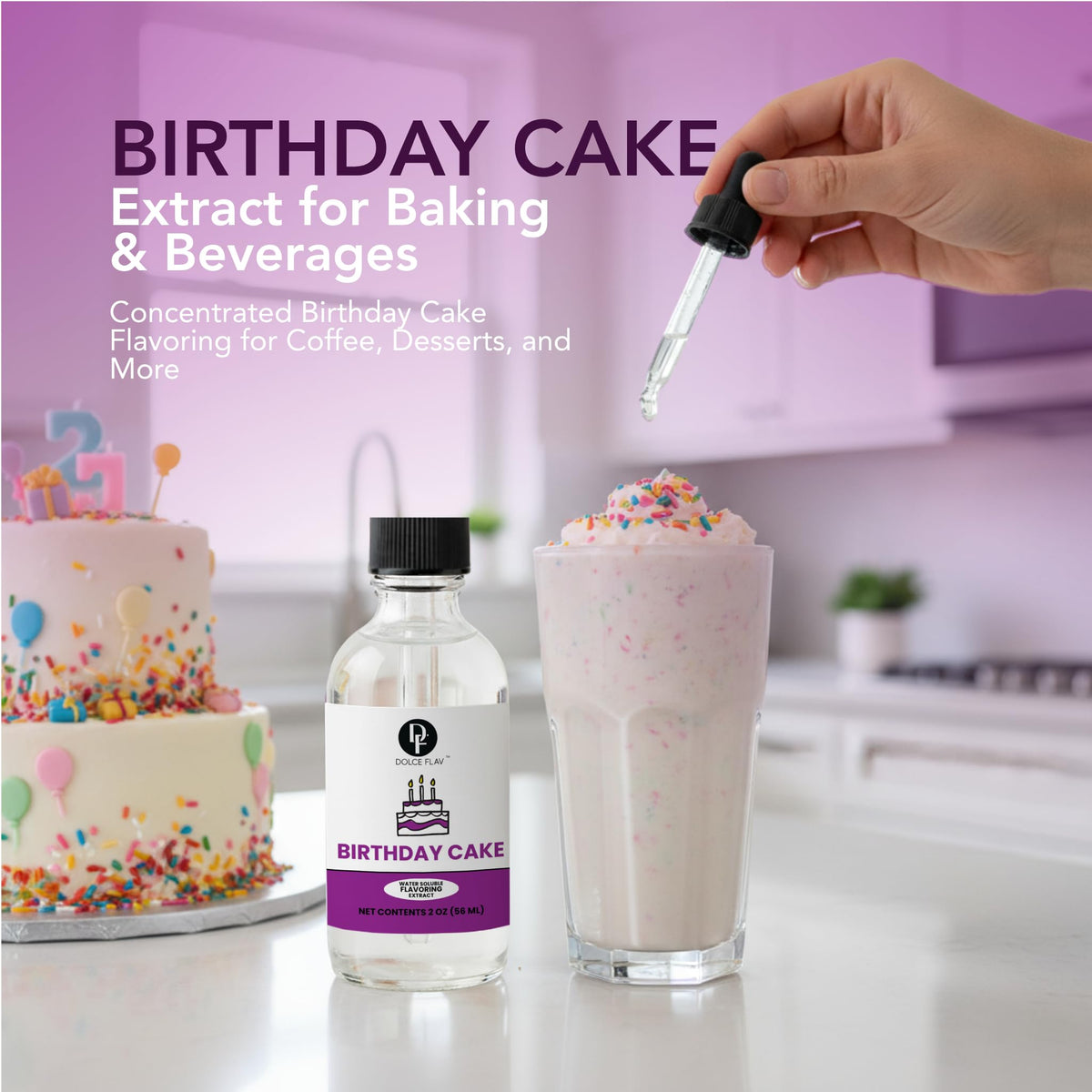 Dolce Flav Birthday Cake Extract dropper for precise, mess-free flavoring.