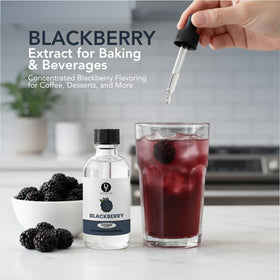 Dolce Flav Blackberry Extract dropper enables controlled aroma in drinks and desserts.